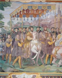 Uroczyste wejście cesarza Karola V, Franciszka I i Alessandro Farnese do Paryża w 1540 r., z „Sala dei Fasti Farnese”, 1557-66